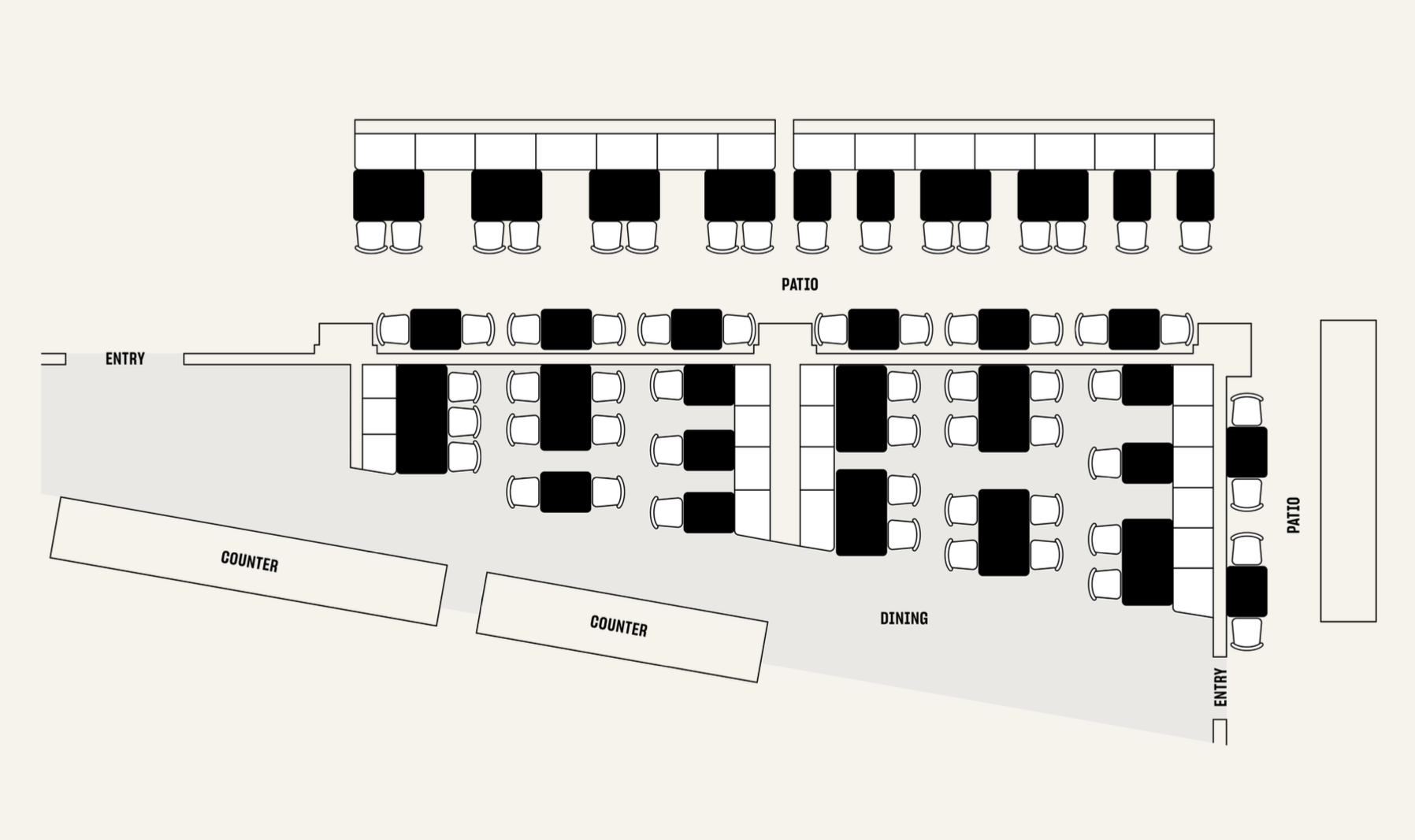 Seating plan showing counter, dining and patio seating
